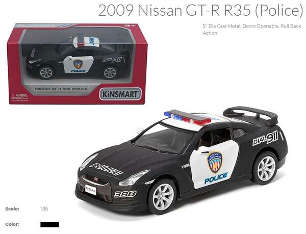 Модель легкова NISSAN GT-R R35 (2009) 5'' KT5340WP Police метал.інерц.відкр.дв.кор./96/ (шт.)