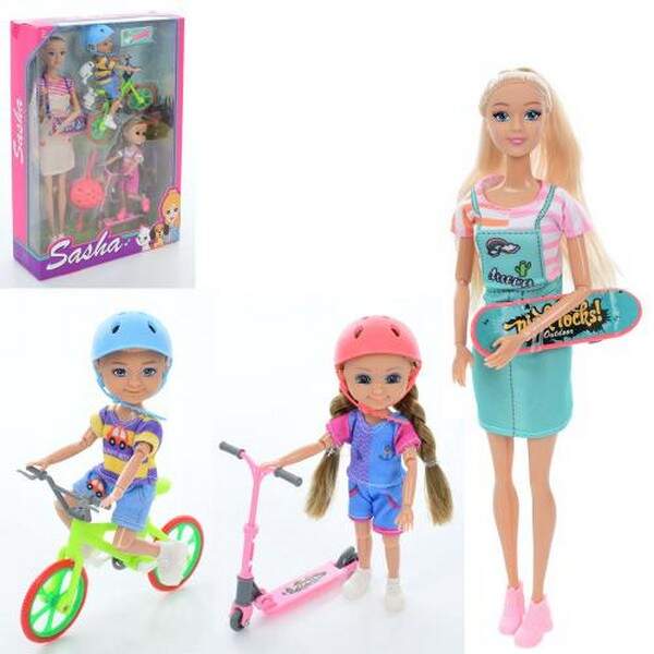 Лялька 51833 (20шт) 30см, 2 дітей (15см), шарнирні, велосипед, самокат, скейт, мікс видів, в кор-ці (шт.)