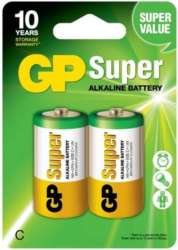 Батарейка GP Super Alkaline 1,5V (LR14) лужна 14A21-S2 пвх плівка 2 штуки в упаковці (2/10) (шт.)